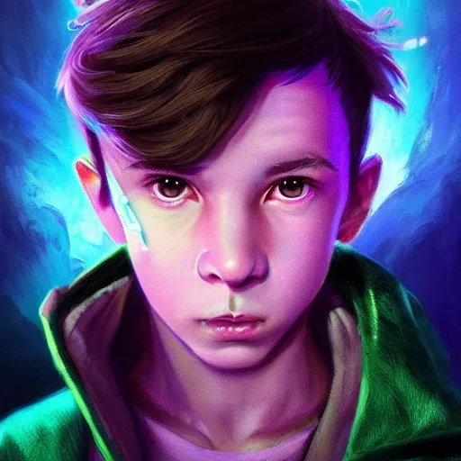 Image similar to a stylized portrait of a young boy with wavy brown hair and green eyes as an evil warlord, stylized, arcane magic, blue and purple vapor, neon color, vivid color, lens flare, volumetric light from below, background by justin gerard, hyperdetailed concept art by Ross Tran and Greg Rutkowski, high quality DnD illustration, trending on ArtStationHQ, 8k