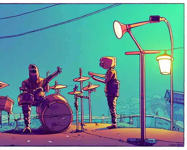 Image similar to a study of cell shaded cartoon of a band playing a microKorg synthesizer and drums floating above a country road, street lamps, road, illustration, wide shot, subtle colors, post grunge, concept art by josan gonzales and wlop, by james jean, Victo ngai, David Rubín, Mike Mignola, Laurie Greasley, highly detailed, sharp focus, Trending on Artstation, HQ, deviantart, art by artgem