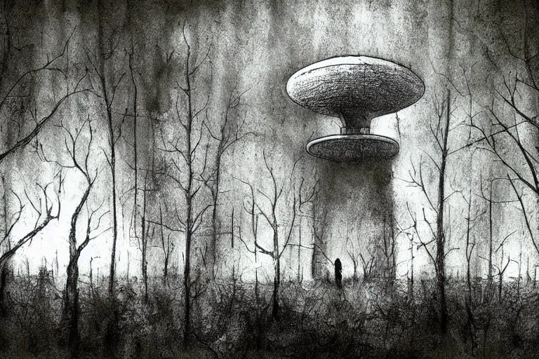 Prompt: UFO landing in a haunted the dark forest artwork by ben templesmith