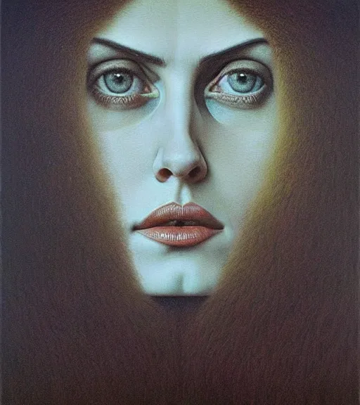 Image similar to A beautiful portrait of Alexandra Daddario, painting by Zdzisław Beksiński, utopian realism, formalism, doomsday