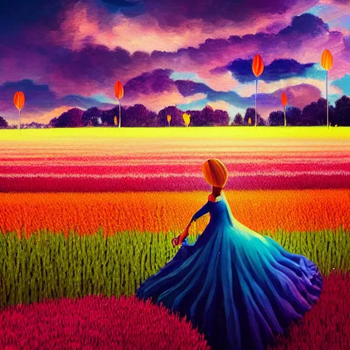 Prompt: tulip face, girl floating in a flower field, surreal photography, sunrise dramatic light, impressionist painting, colorful clouds, digital painting, artstation, simon stalenhag