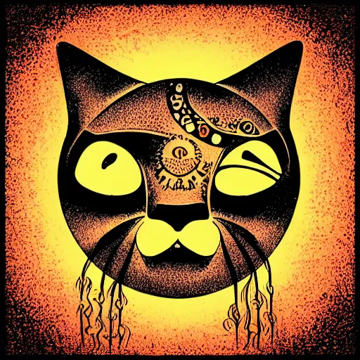 Image similar to tattoo sketch of a cat, one eye, hugging the sun, on a yellow paper, maori ornament, polinesian style, minimum details, vector