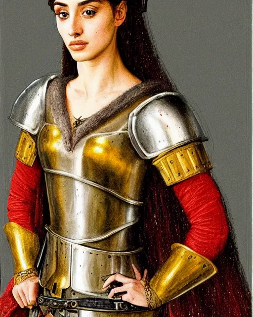 Image similar to medieval portrait of beautiful ana de armas dressed as an armored battle knight, in the style of eugene de blaas