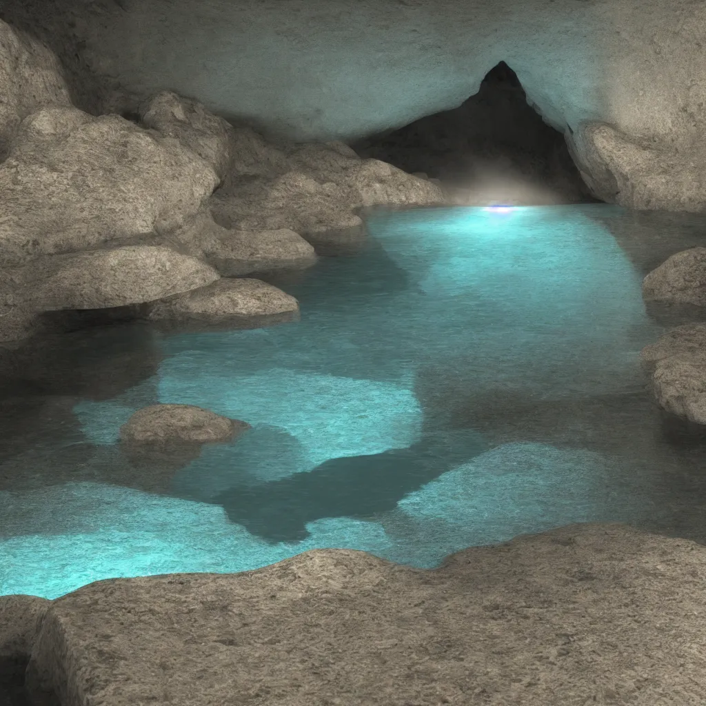 Image similar to greek island cave water reflecting on the stone, caustics, light, octane render, blender, c 4 d, maya