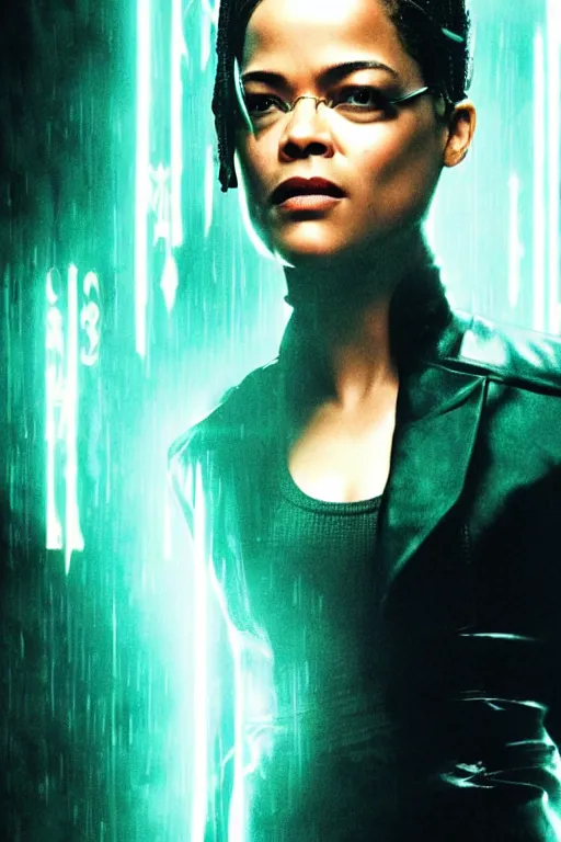 Prompt: a movie poster portrait taken from the new matrix movie featuring ( tessa thompson ) with beautiful long black braids, wearing futuristic sun glasses and black leather trench coat, green matrix computer code and light beams flash in the background, extremely detailed, extremely symmetrical facial features, by kevin fiege 8 k