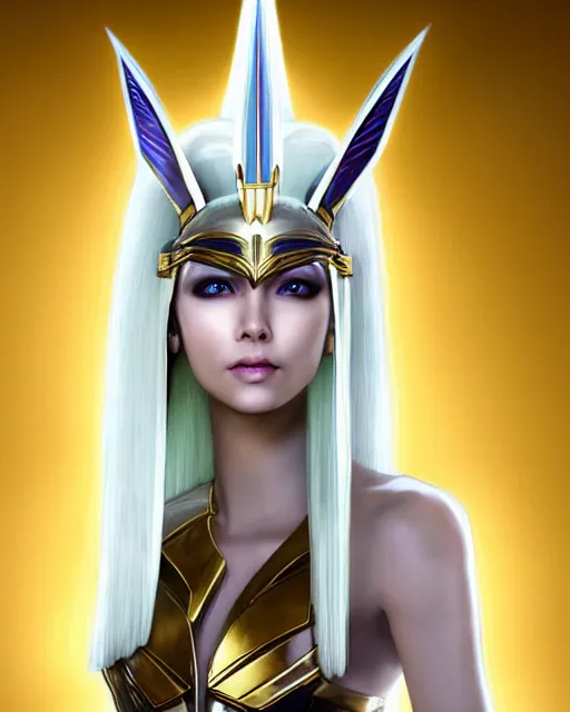 Image similar to perfect white haired attractive egyptian goddess, warframe armor, pharaoh headdress, beautiful, symmetric, dreamy, half asian, pretty face, green eyes, charlize theron, detailed, scifi platform, laboratory, experiment, 4 k, ultra realistic, epic lighting, android body, illuminated, cinematic, masterpiece, art by akihito tsukushi, voidstar