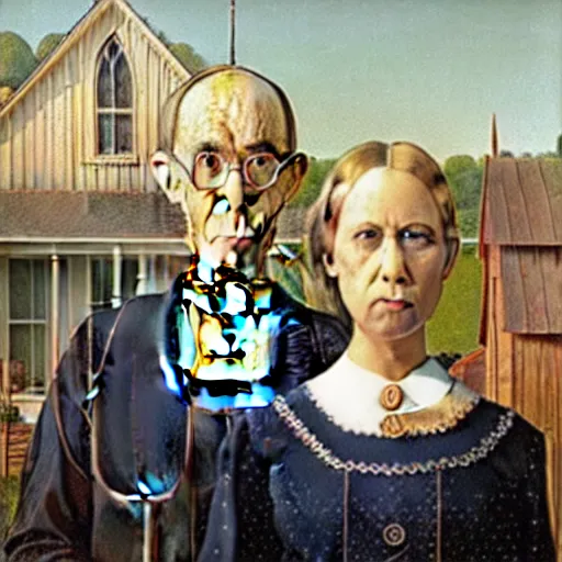 Image similar to many versions of the american gothic painting in styles of different famous painters on a wall