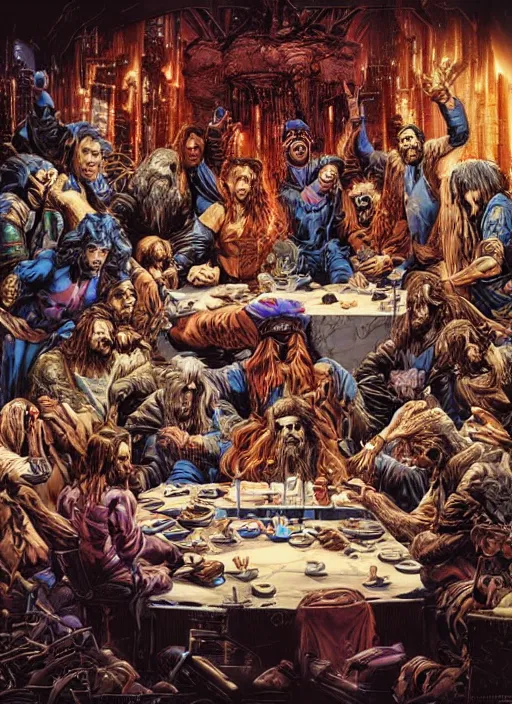 Image similar to the last supper beautiful painting by mike deodato and tim doyle and jeff easley, highly detailed, illustration, epic, cyberpunk, intricate, hyper detailed, artstation, concept art, smooth, sharp focus, ray tracing