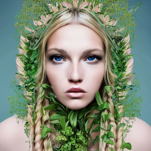 Image similar to a symmetrical portrait of a blonde woman with plants in hair, oil painting, pale colors, high detail, 8 k, wide angle, trending on artstation,