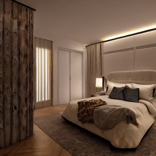 Image similar to luxurious bedroom at night, highly detailed, light coming from door