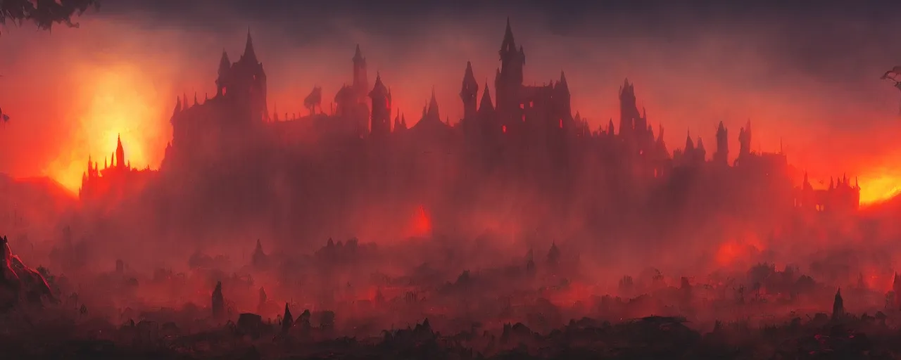 Prompt: mystic foggy cinematic jungle panorama with corpses of monsters on the ground, red sunset ,backlight , castle on fire by frazetta ,detailed visible brushmarks