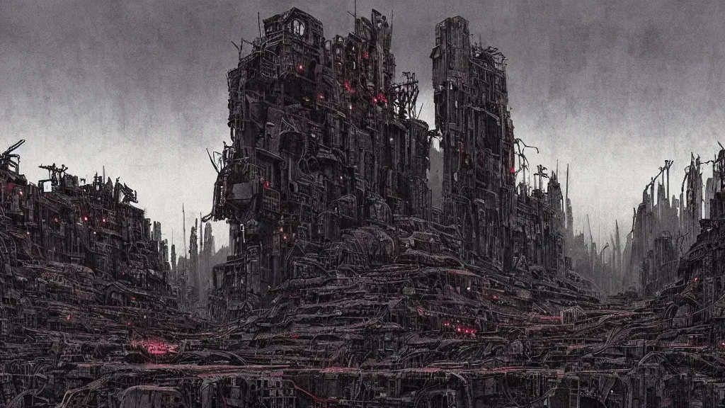 Prompt: group of survivors, megastructures, remnants of the human civilization, post - apocalyspe, machines, bleak, eerie atmospheric, a color illustration by tsutomu nihei, gerald brom and vincent di fate, epic cinematic matte painting