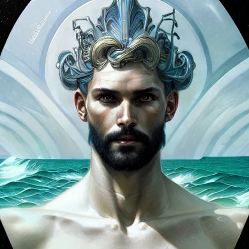 Image similar to portrait Poseidon god of sea, sci-fi, fantasy, intricate, very very beautiful, elegant, highly detailed, digital painting, artstation, concept art, smooth, sharp focus, illustration, art by artgerm and greg rutkowski and alphonse mucha