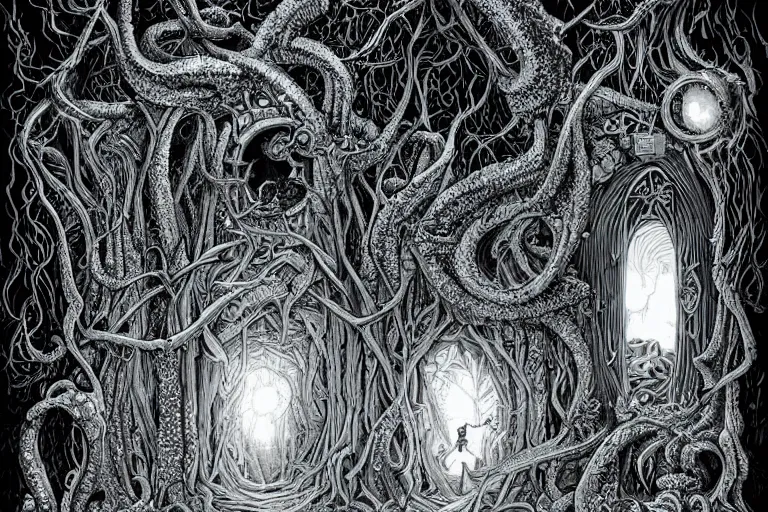 Prompt: portal to a lovecraftian realm in the malt field woods by Joe Fenton