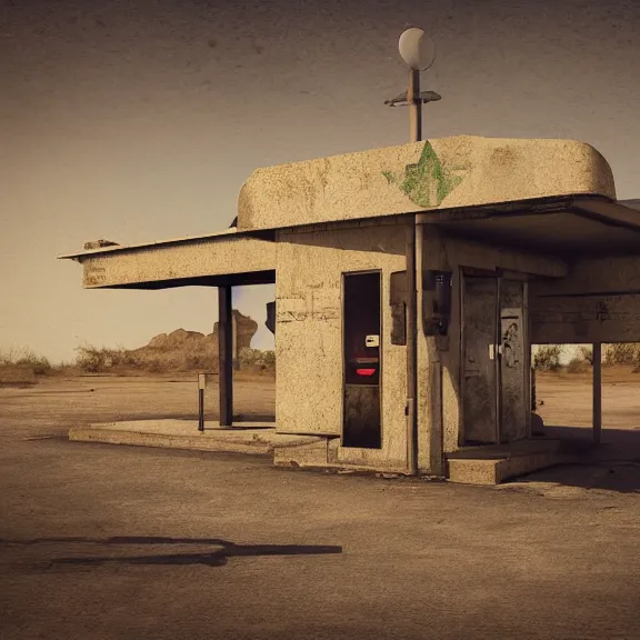 Image similar to an old, tiny abandoned gas station in the middle of the desert, cobweb, old, artstation, digital art.