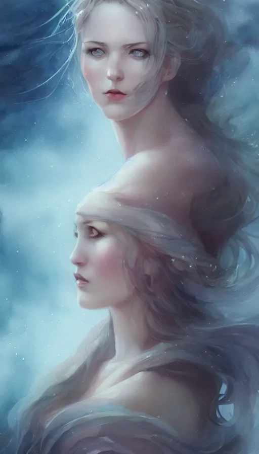 Image similar to Norse goddess of the sea character portrait, in the style of Charlie Bowater and Tom Bagshaw, lean face, cinematic lighting, beautiful, elegant, watercolor, cinematic, portrait, Raphaelite, headroom, headshot photograph