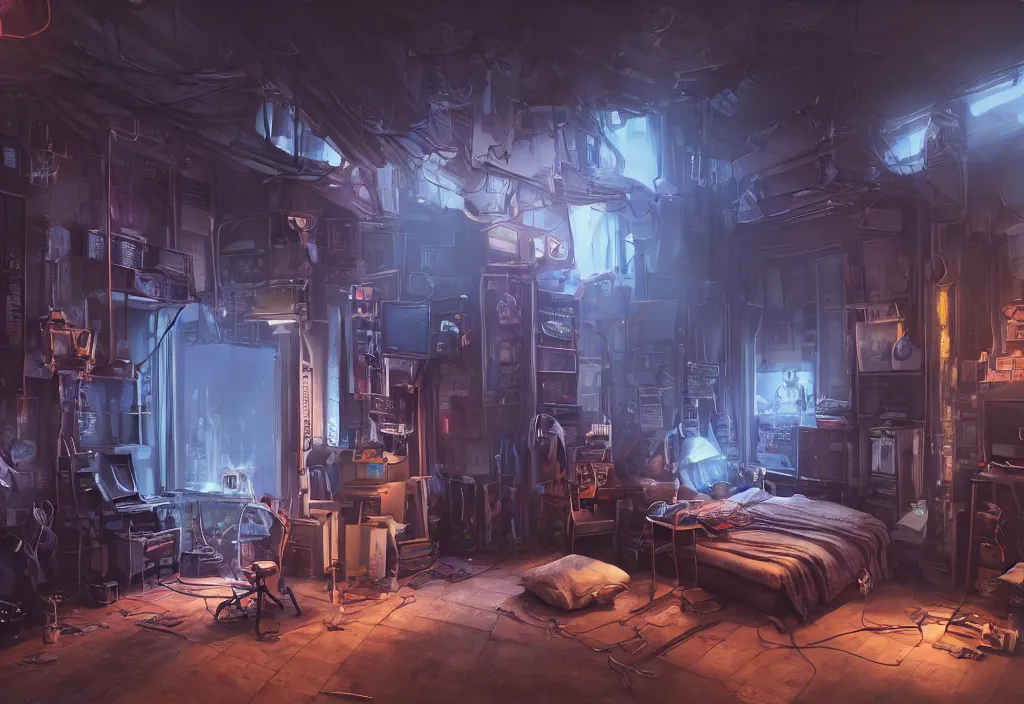 Image similar to the interior of an apartment room belonging to a goblin tinkerer in a cyberpunk city, volumetric lighting, subdued god rays from city lights outside the window, unreal engine 5, soft neon atmosphere, photorealistic, soothing colors, somber melancholic matte painting, hyperrealism, hyperrealistic, cinematic masterpiece, cyberpunk style 8k ultrahd octane render