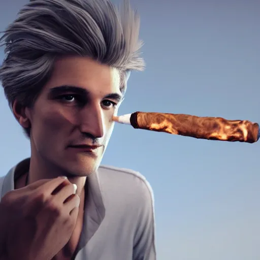 Image similar to a high quality photo of xqc smoking a cigar, 3d scene, render, ultra realistic, artstation, cgsociety