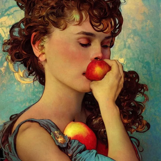 Image similar to an aesthetic! detailed close - up portrait of an aesthetic woman, dressed in silk, crying while holding an apple, by frank frazetta and alphonse mucha, oil on canvas, bright colors, art nouveau, epic composition, dungeons and dragons fantasy art, hd, god - rays, ray - tracing, crisp contour - lines, huhd - 8 k