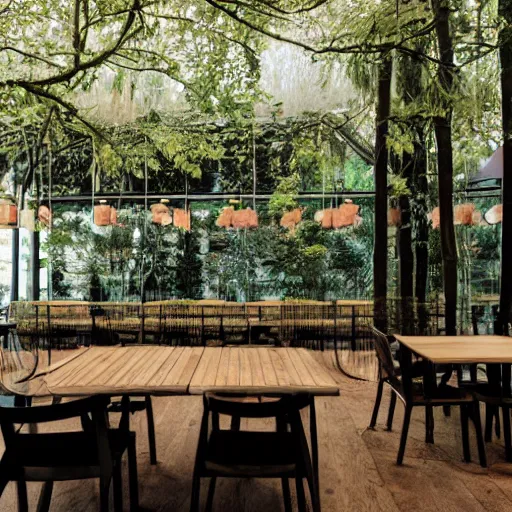 Prompt: a modern cafe in a magical forest,