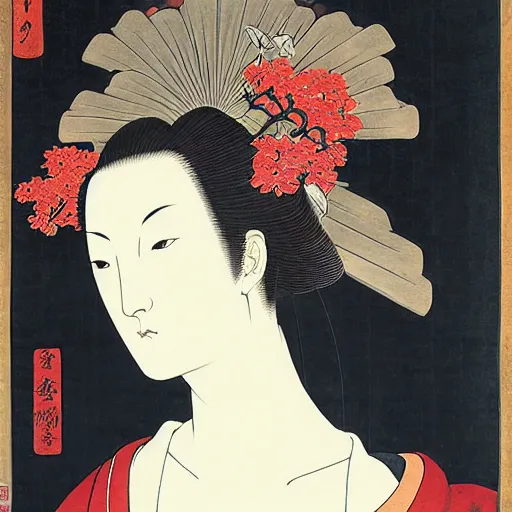 Image similar to Renaissance oil painting, ukiyo-e, surreal, manga young lady flowers