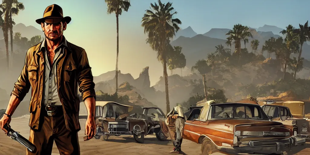 Image similar to indiana jones by himself in gta v, cover art by stephen bliss, boxart, loading screen. 8 k resolution