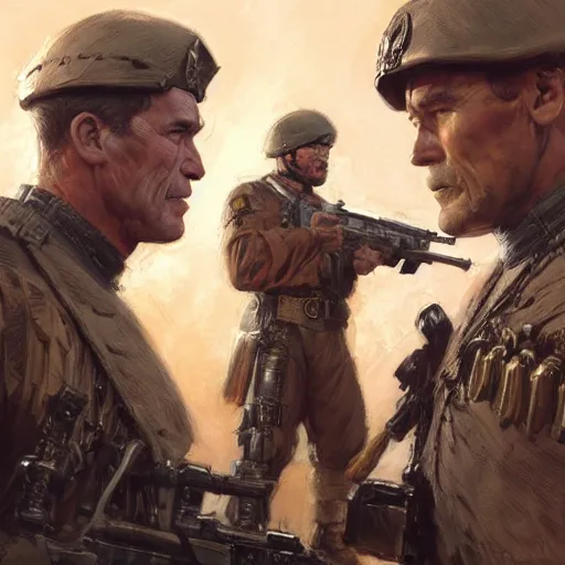 Image similar to Henry Caville and Arnold Schwarzenegger as soldiers, closeup character art by Donato Giancola, Craig Mullins, digital art, trending on artstation