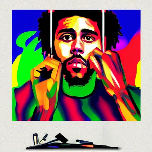 Prompt: j Cole portrait stylised big smears of paint 2016 trap album cover style chrometext