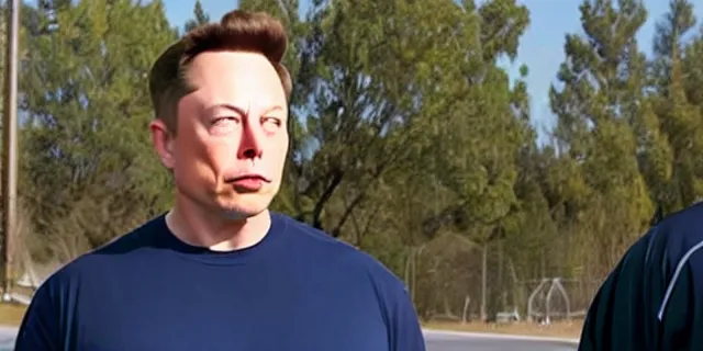 Image similar to full distant shot of bald elon musk in a tracksuit in trailer park boys