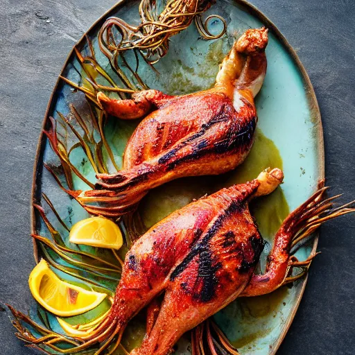 Image similar to mermaid food photography award winning rotisserie grilled mermaid on a platter