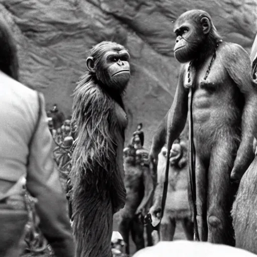 Prompt: still of planet of the apes 1 9 6 8, in madrid city