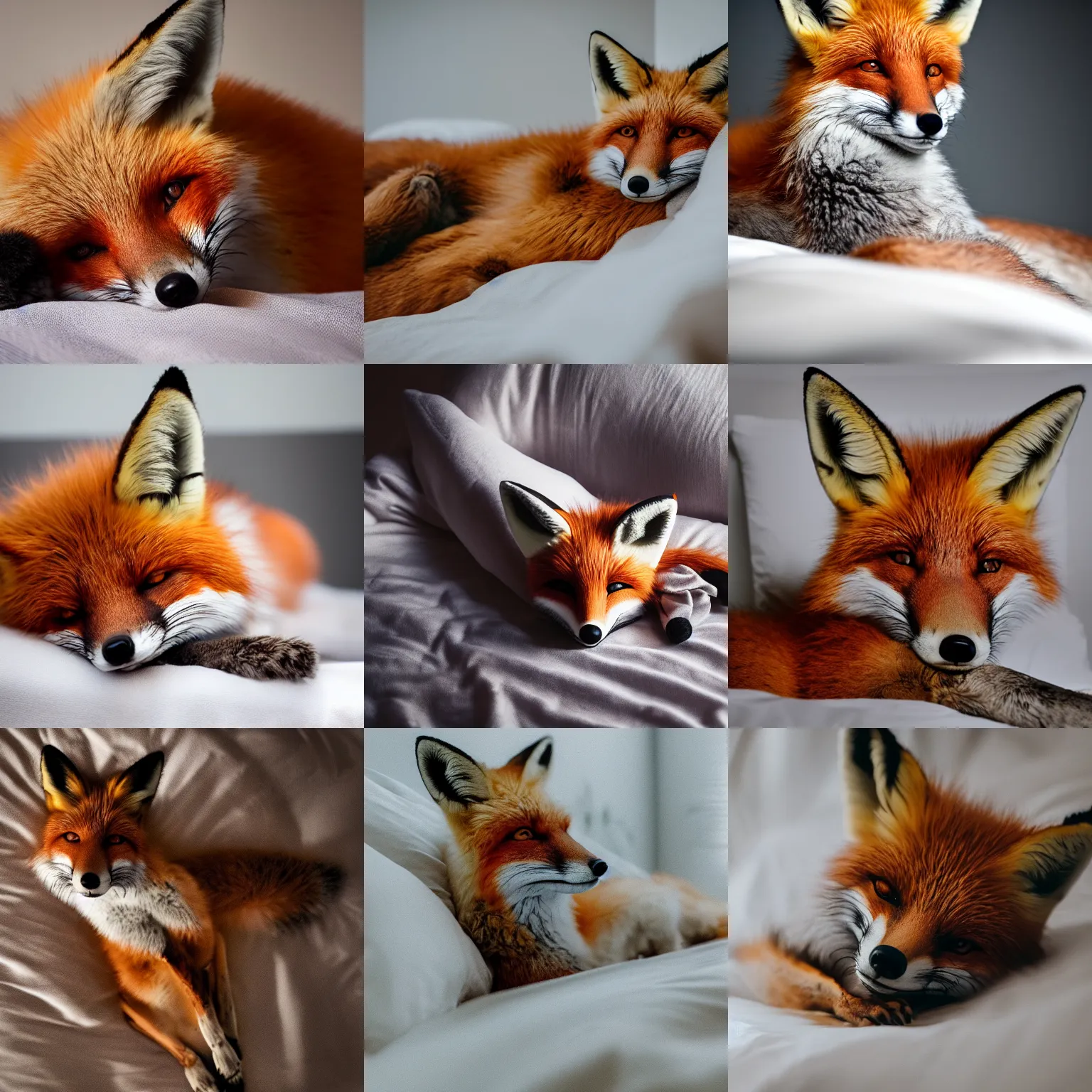 Prompt: a photograph of a fox lying in bed sleeping, soft focus, studio lighting