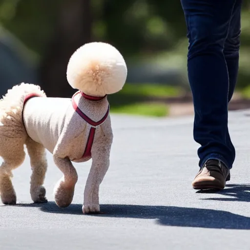 Prompt: a closeup photo of elon musk walking his big mutant poodle, f 2. 8, 1 0 0 mm lens