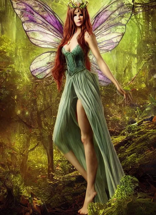 Prompt: beautiful beautiful full body portrait fairy faerie fey fae queen standing in forest highly detailed subtle enchanting alluring magic CGsociety