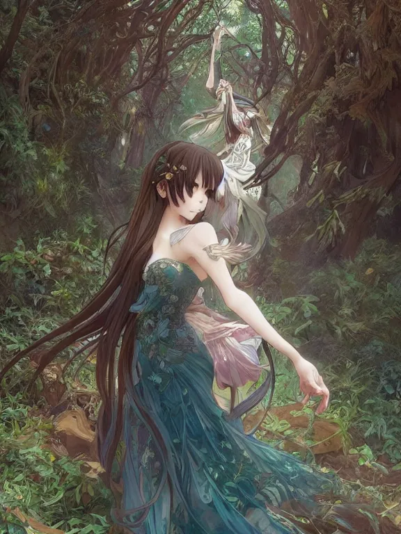 Prompt: anime key visual of leda with her back to the camera wearing a gown designed by monique lhuillier!! intricate, magical forest, stunning, highly detailed, digital painting, artstation, smooth, hard focus, illustration, art by artgerm and greg rutkowski and alphonse mucha