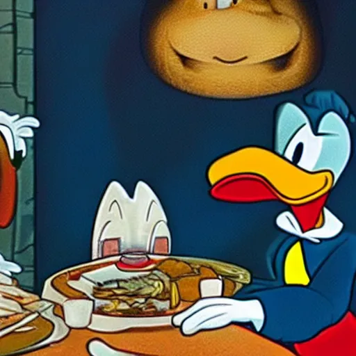 Prompt: Donald Duck invites Scrooge McDuck to dine in a very fancy restaurant