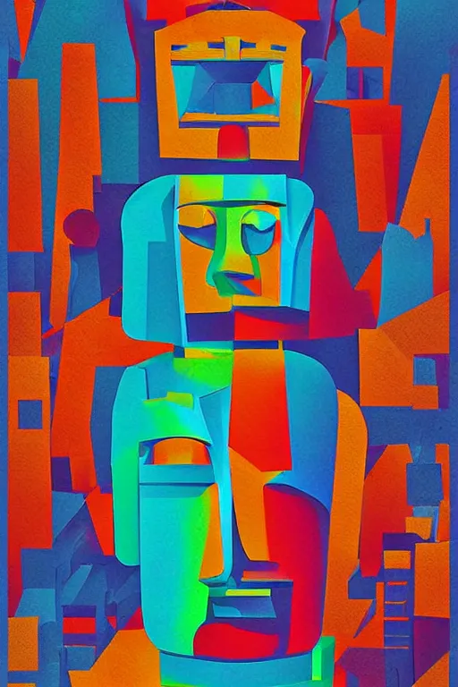 Image similar to cubist moai statue cutout digital illustration cartoon colorful beeple