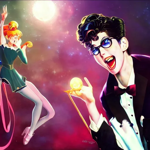 Image similar to Sailor Moon and Tuxedo Mask singing karaoke, highly detailed, digital painting, artstation, concept art, sharp focus, illustration, cinematic lighting, art by artgerm and greg rutkowski and alphonse mucha