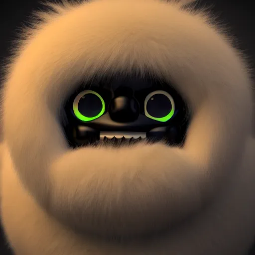 Image similar to cute chthonic fluffy monster, vray render, 50mm lens, bottom angle