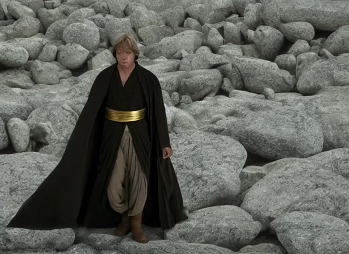 Image similar to epic screenshot from the film of Luke Skywalker, played by Mark Hammill, wearing a gold robe, he is surrounded by hundreds of rocks levitating in the air, outside marble temple, iconic scene from the last jedi, 1980s film directed by Stanley Kubrick, cinematic lighting, kodak, strange, hyper real, stunning moody cinematography, with anamorphic lenses, crisp, detailed portrait, 4k image