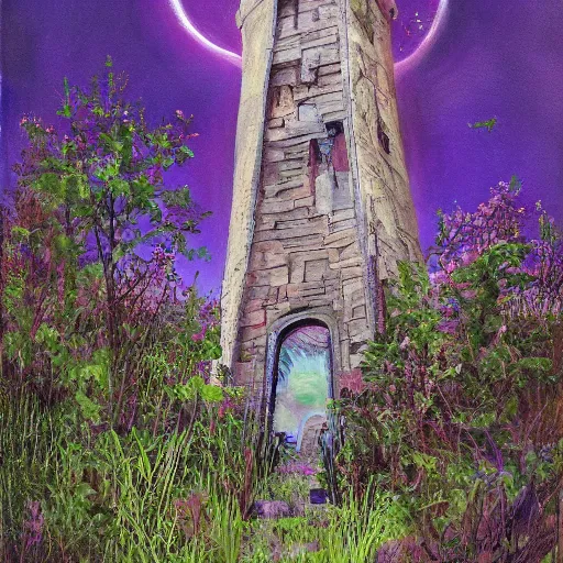 Image similar to Painting of the abandoned wizard\'s tower in the overgrown garden. Fantasy art.