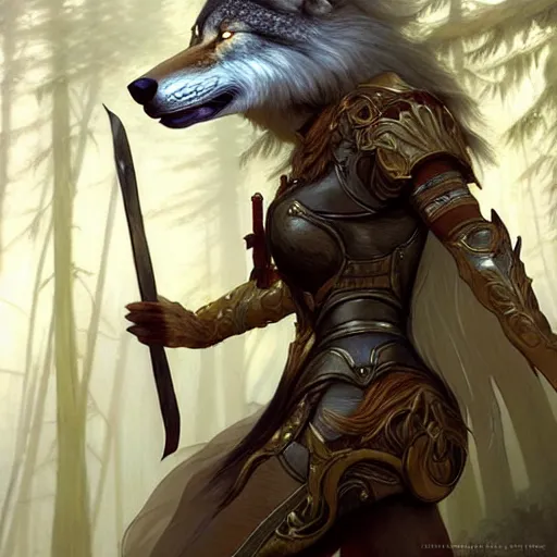 Image similar to long shot photo of a humanoid female she - wolf with wolf head were a heroic dress an armour in the forest, long hair, highly detailed, digital painting, artstation, smooth, sharp focus, illustration, art by artgerm and greg rutkowski and alphonse mucha