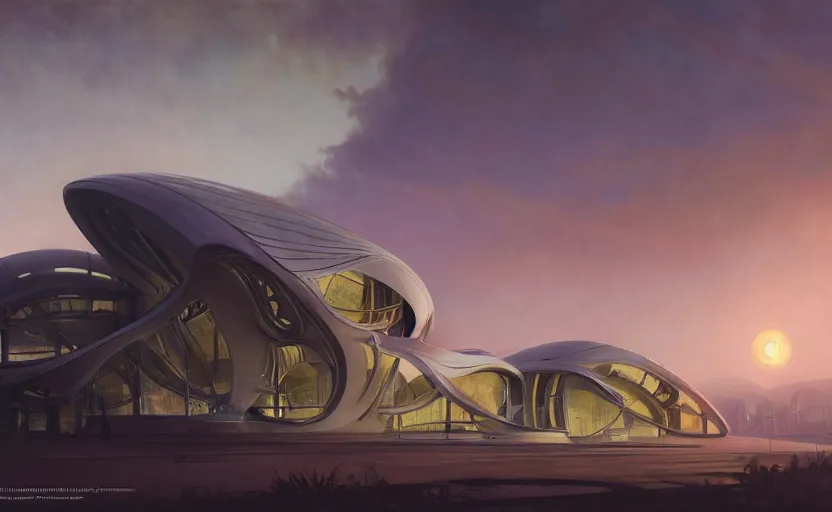 Image similar to exterior shot of utopian architecture laboratory with cinematic lighting by zaha hadid and renzo piano, darek zabrocki and greg ruthkowski, alphonse mucha, simon stalenhag, cinematic, lambda shape, scifi, futurism, atmospheric, sunset, concept art, artstation, trending on artstation