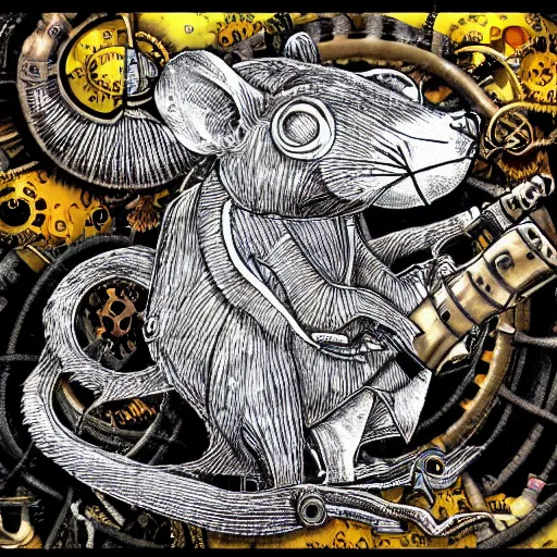 Image similar to steampunk rat, acid, 303, psychedelic