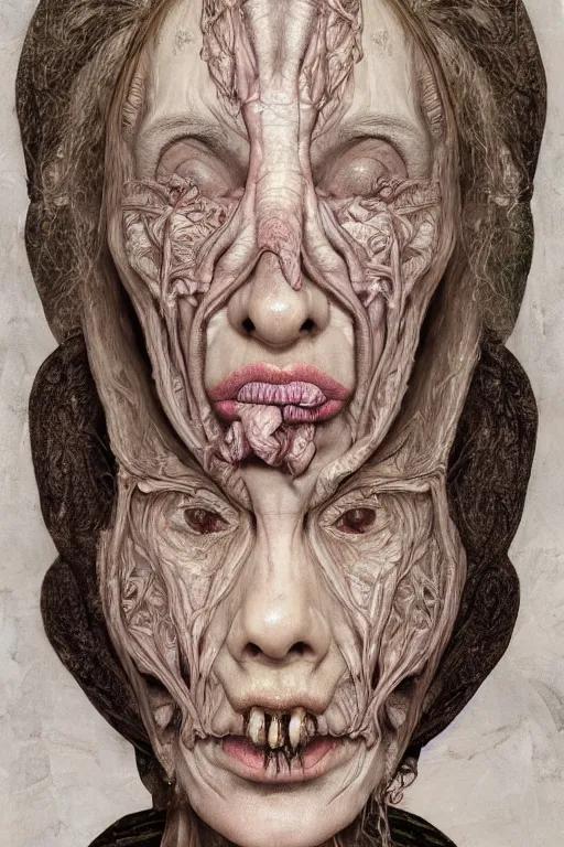 Image similar to Detailed maximalist portrait of a beautiful old woman with large lips and eyes, scared expression, botanical skeletal with extra flesh, HD mixed media, 3D collage, highly detailed and intricate, surreal illustration in the style of Jenny Saville, dark art, baroque, centred in image