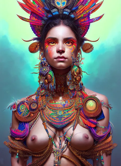 Image similar to hyper detailed ultra sharp of a beautiful tribal shaman trance girl. trending on artstation, warpaint aesthetic, earthwave, colorful, psychedelic, ornate, intricate, digital painting, concept art, smooth, sharp focus, illustration, art by artgerm and greg rutkowski and alphonse mucha, 8 k