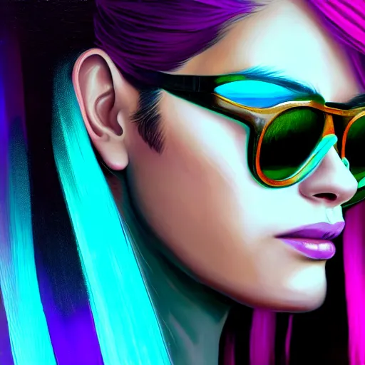 Prompt: closeup painting of a very beautiful young mexican cyberpunk woman with a smirk, light blue retro slotted shades, and a purple coloured leather jacket, one side haircut, long brown hair with light blue ends, portrait, sci - fi, hyperdetailed, artstation, cgsociety, synthwave by tangerine dream, by jean - michel jarre, by vangelis, by john carpenter