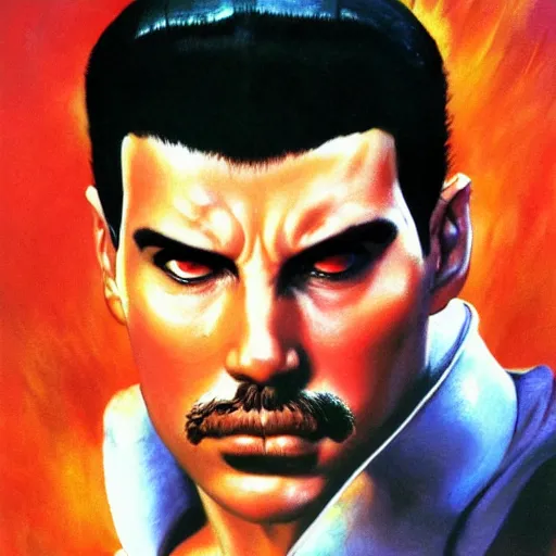 Image similar to ultra realistic freddy mercury as ryu from street fighter, painting by frank frazetta, 4 k, ultra realistic, highly detailed,