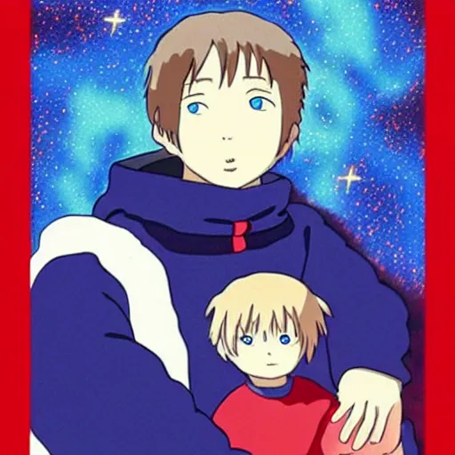 Prompt: Spirited away, guy with dark blonde hair and blue eyes in space, beautiful