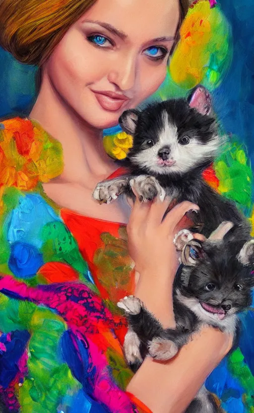 Prompt: amazing beautiful and very detailed painting of a beautiful woman holding a cute animal. vibrant colors, very funny, personal, positive, visually pleasing and engaging. high resolution. high quality. hq hd. trending on artstation.